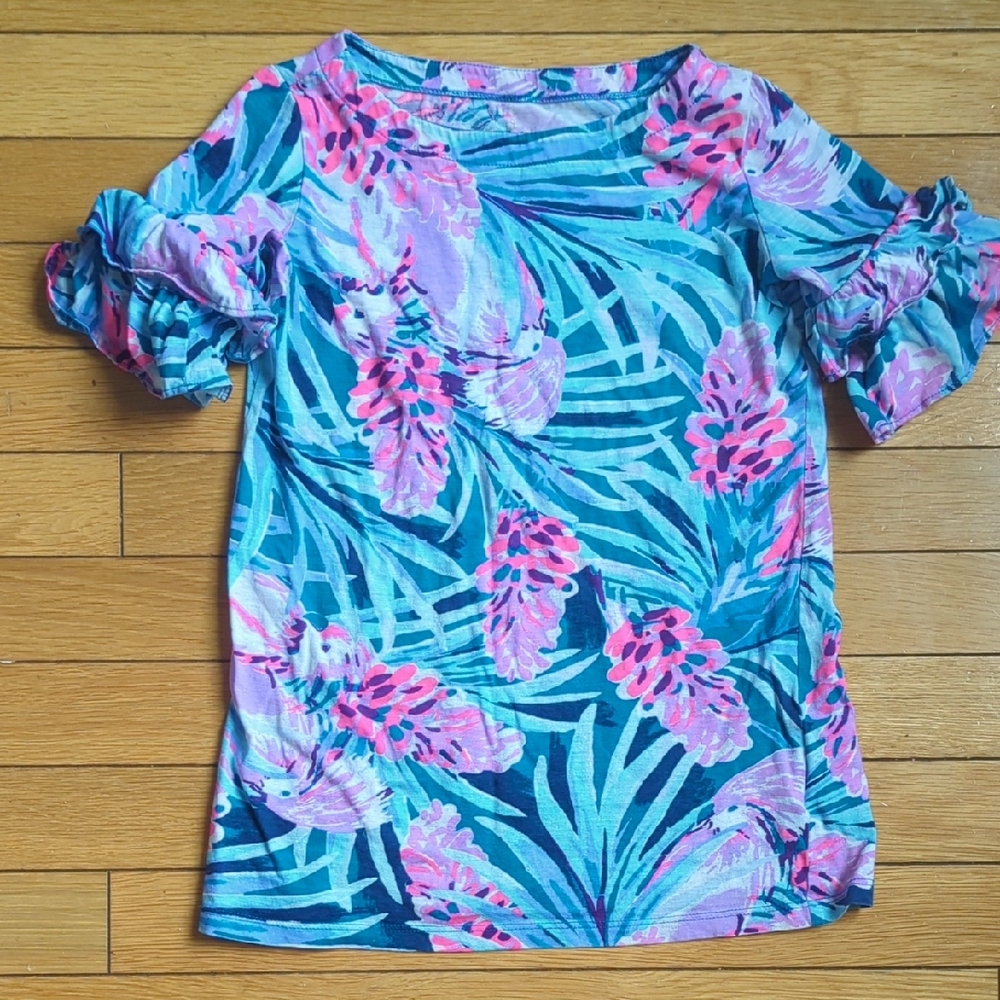 Lilly Pulitzer Girls Teal Blue & Pink Tropical Ruffle Sleeve Top